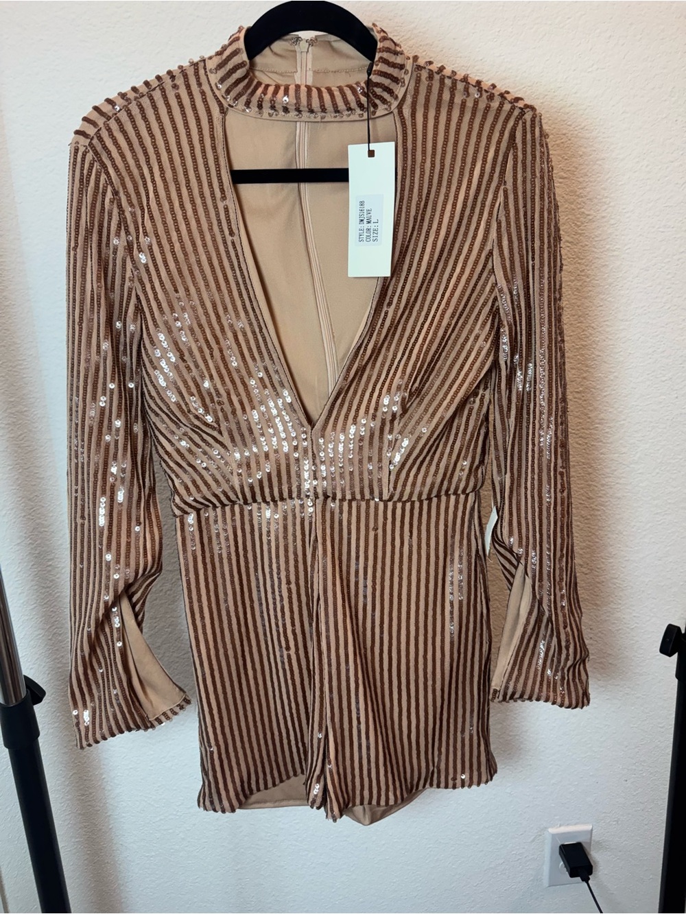 Dance & Marvel Sequin Striped Romper Nude Brown Long Sleeve NWT Size L